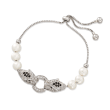 7-7.5mm Cultured Pearl and 1.50 ct. t.w. White Topaz Panther Bolo Bracelet with Black Spinels in Sterling