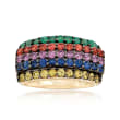 1.60 ct. t.w. Multicolored Sapphire and .30 ct. t.w. Emerald Multi-Row Ring in 14kt Yellow Gold