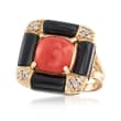 Red Coral and Black Onyx Ring with .14 ct. t.w. Diamonds in 14kt Yellow Gold