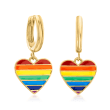 Italian Rainbow Enamel Heart Huggie Hoop Drop Earrings in 18kt Gold Over Sterling