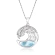 Larimar and .45 ct. t.w. CZ Wave Pendant Necklace in Sterling Silver