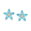 4.60 ct. t.w. Blue Topaz and .14 ct. t.w. Diamond Floral Earrings in 14kt Yellow Gold