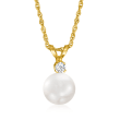 7-7.5mm Cultured Akoya Pearl Pendant Necklace with Diamond Accent in 14kt Yellow Gold