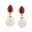 1.80 ct. t.w. Garnet and 9-9.5mm Cultured Pearl Drop Earrings in 14kt Yellow Gold 