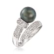 9-10mm Tahitian Pearl and .60 ct. t.w. White Topaz Bypass Ring in Sterling Silver