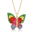 2.40 ct. t.w. Multicolored Sapphire, .80 ct. t.w. Emerald and .17 ct. t.w. Diamond Butterfly Pendant Necklace in 18kt Yellow Gold