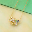 3.5-4mm Cultured Pearl and .10 ct. t.w. Diamond Hummingbird and Flower Necklace with Enamel in 18kt Gold Over Sterling