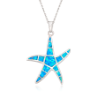 Blue Synthetic Opal Starfish Pendant Necklace in Sterling Silver