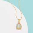 12x10mm Opal Cabochon and .24 ct. t.w. Multi-Stone Pendant Necklace in 14kt Yellow Gold