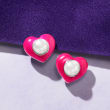 7-7.5mm Cultured Pearl and Pink Enamel Heart Earrings in Sterling Silver