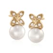 Mikimoto 5.5mm A+ Akoya Pearl Floral Earrings with Diamonds Accents in 18kt Yellow Gold