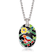 Belle Etoile &quot;Song Bird&quot; Multicolored Enamel Pendant with CZ Accents in Sterling Silver