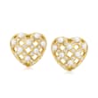 C. 1990 Vintage 3mm Cultured Pearl and .60 ct. t.w. Diamond Basketweave Heart Earrings in 18kt Yellow Gold