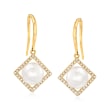 6.5-7mm Cultured Pearl and .19 ct. t.w. Diamond Frame Drop Earrings in 14kt Yellow Gold