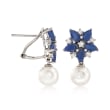 7-7.5mm Cultured Pearl and 4.80 ct. t.w. Multicolored Sapphire Floral Drop Earrings in 14kt White Gold