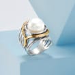 11.5-12mm Cultured Pearl Openwork Ring in Sterling Silver and 14kt Yellow Gold