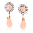 C. 1970 Vintage Coral and .40 ct. t.w. Diamond Drop Earrings in 14kt White Gold
