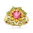 C. 1990 Vintage .75 Carat Pink Tourmaline Flower Ring with .50 ct. t.w. Citrine and .35 ct. t.w. Peridot in 14kt Yellow Gold