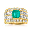 C. 1990 Vintage 1.21 Carat Emerald and 1.76 ct. t.w. Diamond Multi-Row Ring in 18kt Yellow Gold