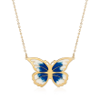 Italian Blue and White Enamel Butterfly Necklace in 14kt Yellow Gold