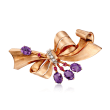 C. 1950 Vintage 4.60 ct. t.w. Amethyst and .20 ct. t.w. Ruby Bow Pin with Diamonds in 14kt Rose Gold