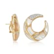 C. 1980 Vintage 1.20 ct. t.w. Diamond and Mother-Of-Pearl Half-Moon Hoop Earrings in 18kt Yellow Gold