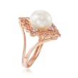 9.5-10mm Cultured Pearl and .10 ct. t.w. Diamond Filigree Ring in 14kt Rose Gold