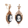 C. 1930 Vintage Agate Cameo and .25 ct. t.w. Diamond Clip-On Drop Earrings in 14kt Yellow Gold
