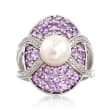 8-8.5mm Cultured Pearl and 1.10 ct. t.w. Amethyst Ring with Diamonds in Sterling Silver