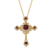 1.00 ct. t.w. Garnet and .19 ct. t.w. Diamond Cross Pendant Necklace in 14kt Yellow Gold