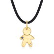 C. 2000 Vintage 18kt Yellow Gold Boy Charm Pendant Necklace with Diamond and Sapphire Accents and Black Leather Cord