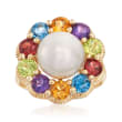10-10.5mm Cultured Pearl and 2.60 ct. t.w. Multi-Stone Floral Ring in 14kt Yellow Gold