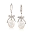 9-9.5mm Cultured Pearl and .15 ct. t.w. Diamond Bow Drop Earrings in Sterling Silver