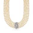 C. 1980 Vintage 7.5mm Cultured Pearl Four-Strand Necklace with 3.80 ct. t.w. Diamond Clasp in 14kt White Gold