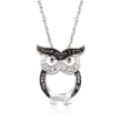 Sterling Silver Owl Pendant Necklace with Black and White Diamond Accents
