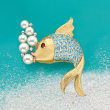 5-7mm Cultured Pearl and Mixed Gemstone Bubble-Blowing Fish Pin in 18kt Gold Over Sterling