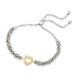 Open-Space Heart Byzantine Bolo Bracelet in Sterling Silver and 14kt Yellow Gold