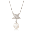8-9mm Cultured Pearl and Sterling Silver Starfish Pendant Necklace with White Topaz Accents