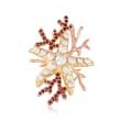 3.5-6.5mm Cultured Pearl and 1.40 ct. t.w. Garnet Coral Pin in 18kt Two-Tone Gold Over Sterling