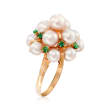 C. 1980 Vintage 5.5-6.5mm Cultured Pearl and .50 ct. t.w. Emerald Cluster Ring in 14kt Yellow Gold