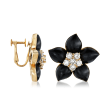 C. 1970 Vintage Black Onyx and 2.35 ct. t.w. Diamond Flower Earrings in 18kt Yellow Gold