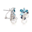 6-8.5mm Cultured Pearl and 2.00 ct. t.w. Sky Blue Topaz and London Blue Topaz Earrings with .10 ct. t.w. Sapphires in Sterling Silver