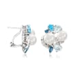 6.5-8mm Cultured Pearl and 3.00 ct. t.w. Tonal Blue Topaz Drop Earrings with .20 ct. t.w. Simulated White Sapphire in Sterling Silver