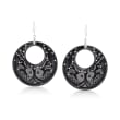 Carved Black Agate Sealife Hoop Earrings with White Topaz Accents in Sterling Silver