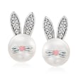 8-8.5mm Cultured Pearl Bunny Earrings with Diamond Accents and Pink Enamel in Sterling Silver