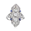 C. 1920 Vintage .75 ct. t.w. Diamond Filigree Ring with Synthetic Sapphire Accents in 18kt White Gold