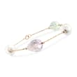 11-13mm Cultured Pearl and 13.50 ct. t.w. Pink and Green Amethyst Bracelet in 14kt Yellow Gold