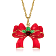 .40 Carat Garnet and Multicolored Enamel Bow Pendant Necklace in 18kt Yellow Gold Over Sterling