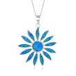 Blue Synthetic Opal Daisy Flower Pendant Necklace in Sterling Silver