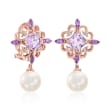 8.5-9mm Cultured Pearl Drop Earrings with 2.40 ct. t.w. Amethyst and Diamond Accents in 14kt Rose Gold